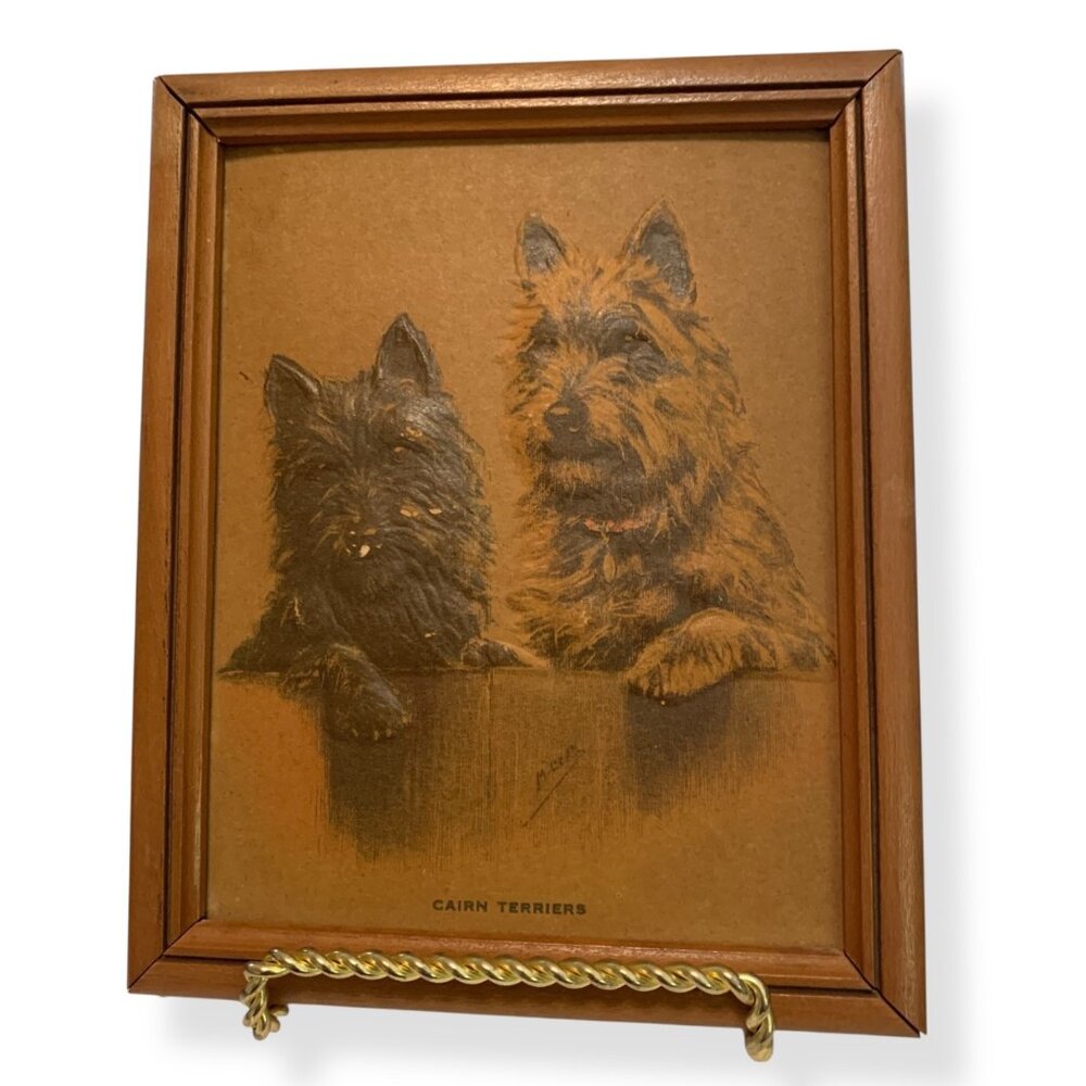VTG Janice Fleming Cairn Terrier Dogs Framed Print Primitive‎ Wood 5.5" X 5.5"